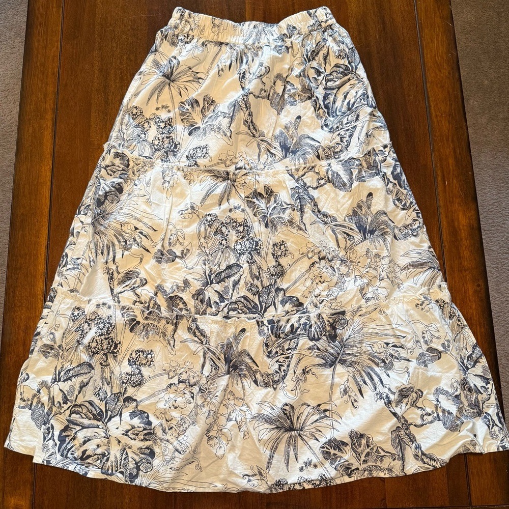 Sim & Sam Tropical Toile Tiered Maxi Skirt Navy Blue White Floral Palm Print M